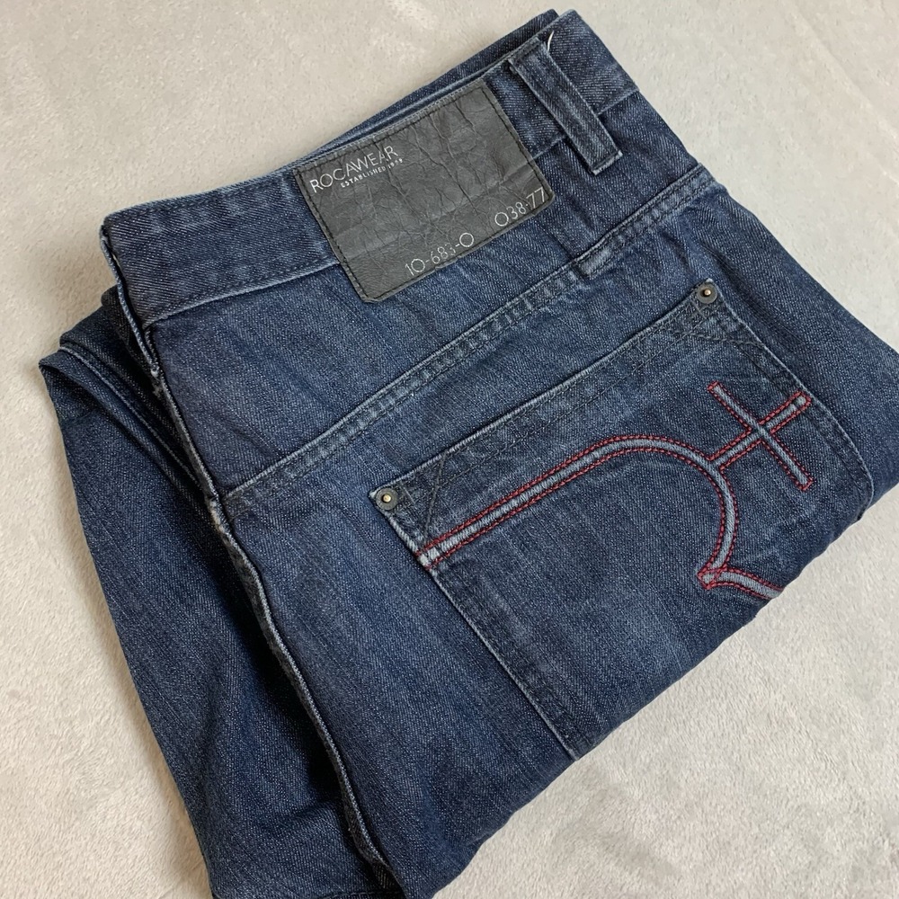 Rocawear Jeans Mens 38x33* Blue Distressed Loose Baggy Y2K Hip Hop Medium Wash